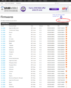 Firmware list after search by model no