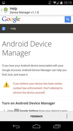 Android Device Manager help screen