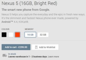 Nexus 5 Bright Red info - Google Play Store