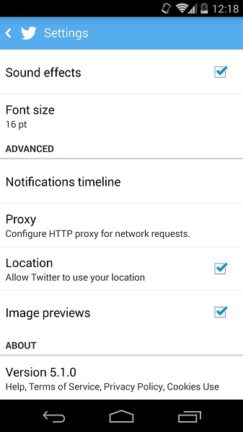 Twitter 5.1.0 Android App - Settings screen showing the version