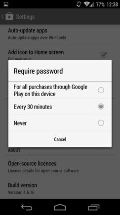 Google Play Store App 4.6.16 - Require Password Option