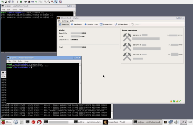 BTCD Wallet Running Inside a Raspberry Pi 2 and a Terminal Window Showing the SHA1 Hash