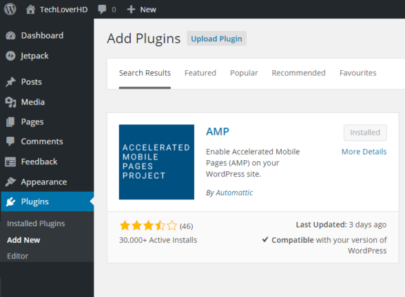 AMP Plugin in WordPress Dashboard