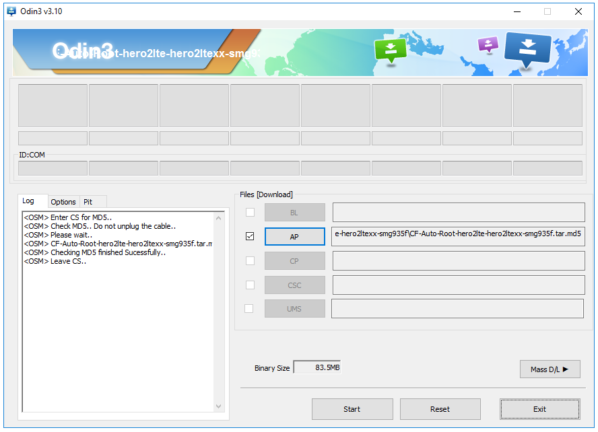 Selecting the CF Auto Root file for Galaxy S7 Edge in Odin 3.10.6