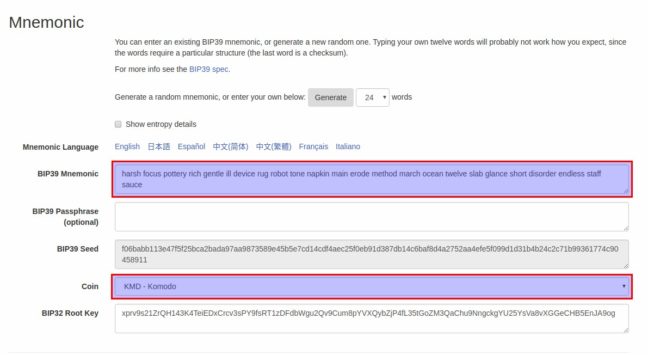 BIP39 Tool - Input 24 words recovery phrase and select coin