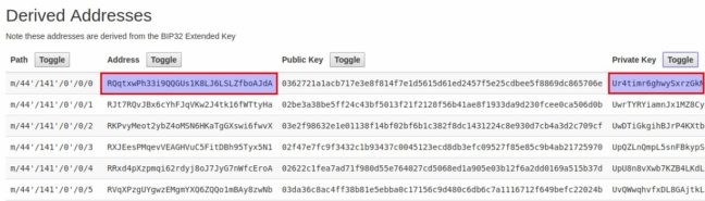 KMD derived addresses and private keys using BIP39 Tool