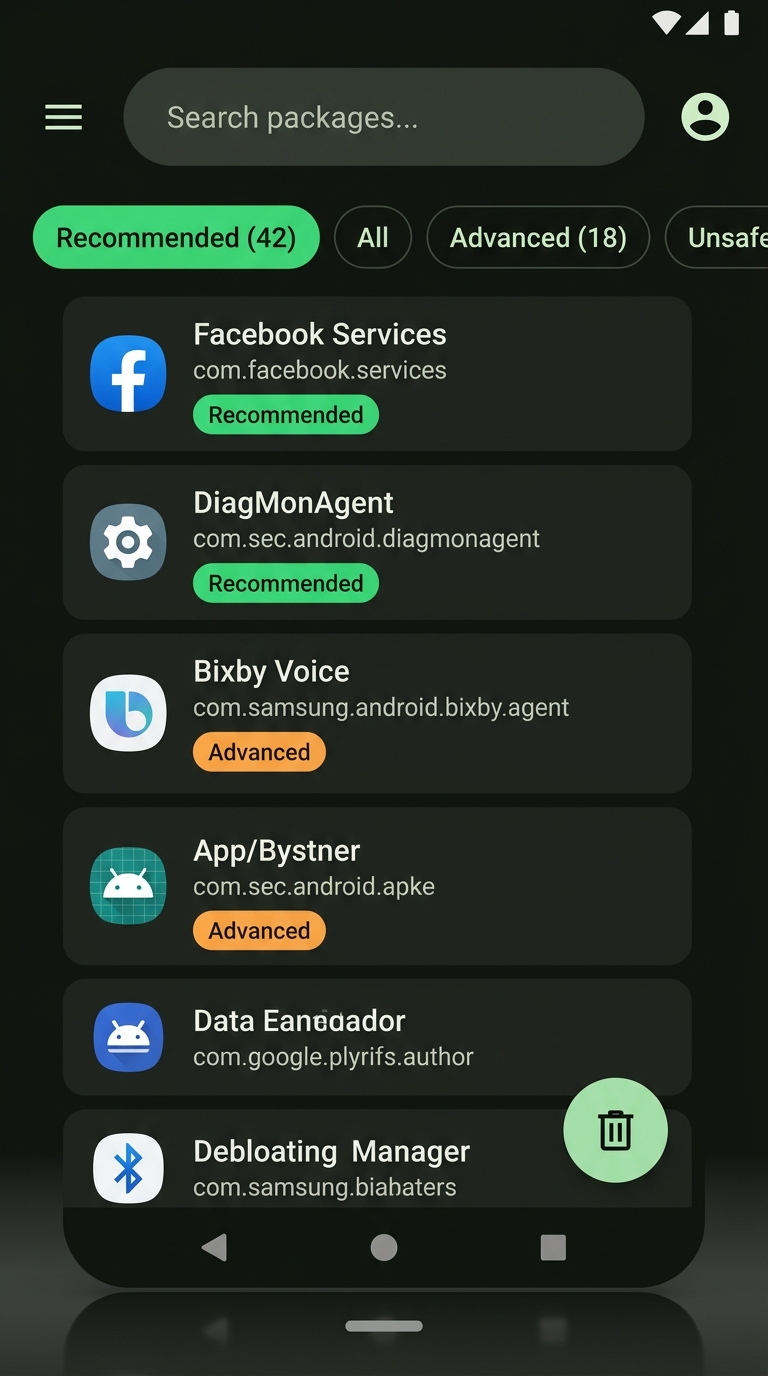 Canta package debloater interface with safety badges