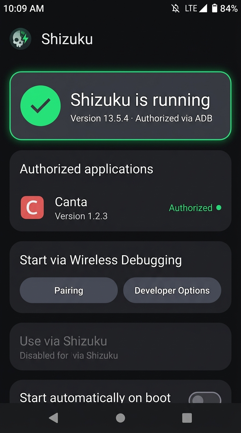 Shizuku Android App interface showing active ADB running status